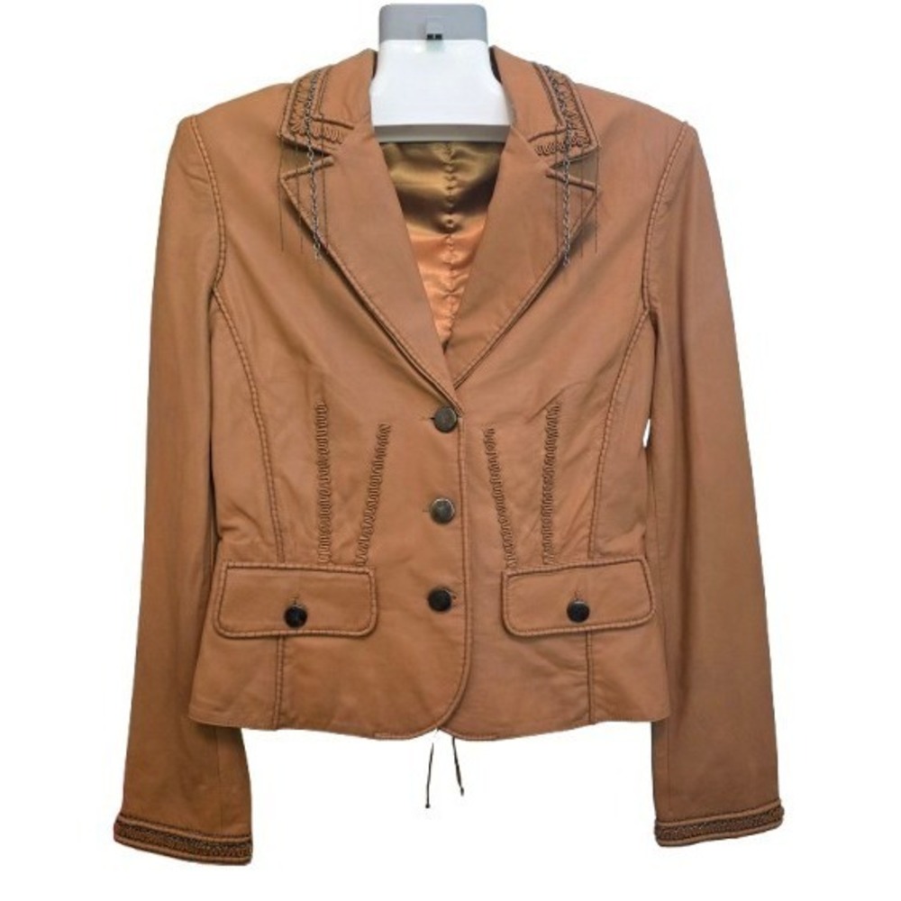 Roberta Scarpa Caramel Lambskin Leather Jacket‎ W/ Decorative Stitching/Hardware